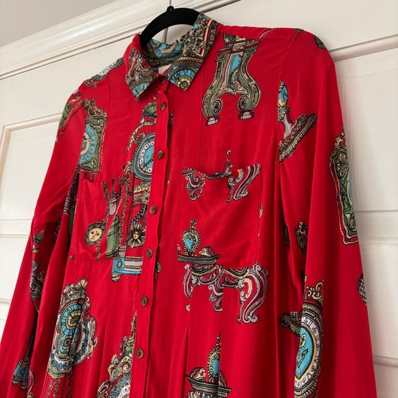 Anthropologie Maeve Size 2 Red Whimsy Printed Clock Sun Button Down Shirt Blouse - Picture 8 of 17